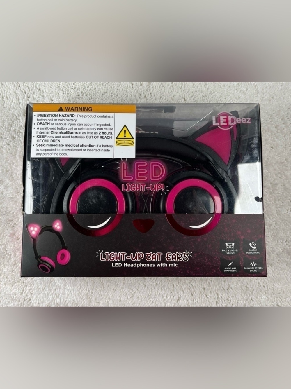 NIB LEDeez LED Light-Up Cat Ears Headphone with Mic-Fold & Swivel Design